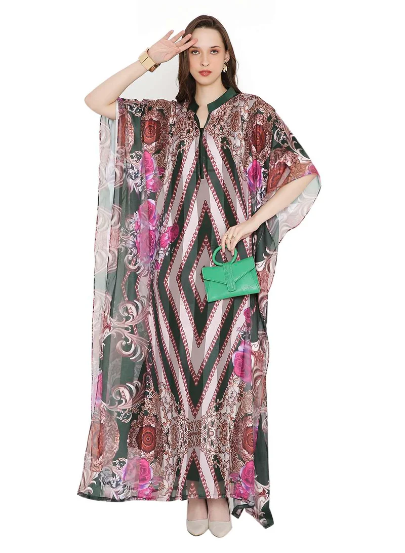 هانا آند سارا MULTICOLOUR PRINTED LONG MODEST WITH COLLARED NECK ARABIC KAFTAN JALABIYA DRESSES
