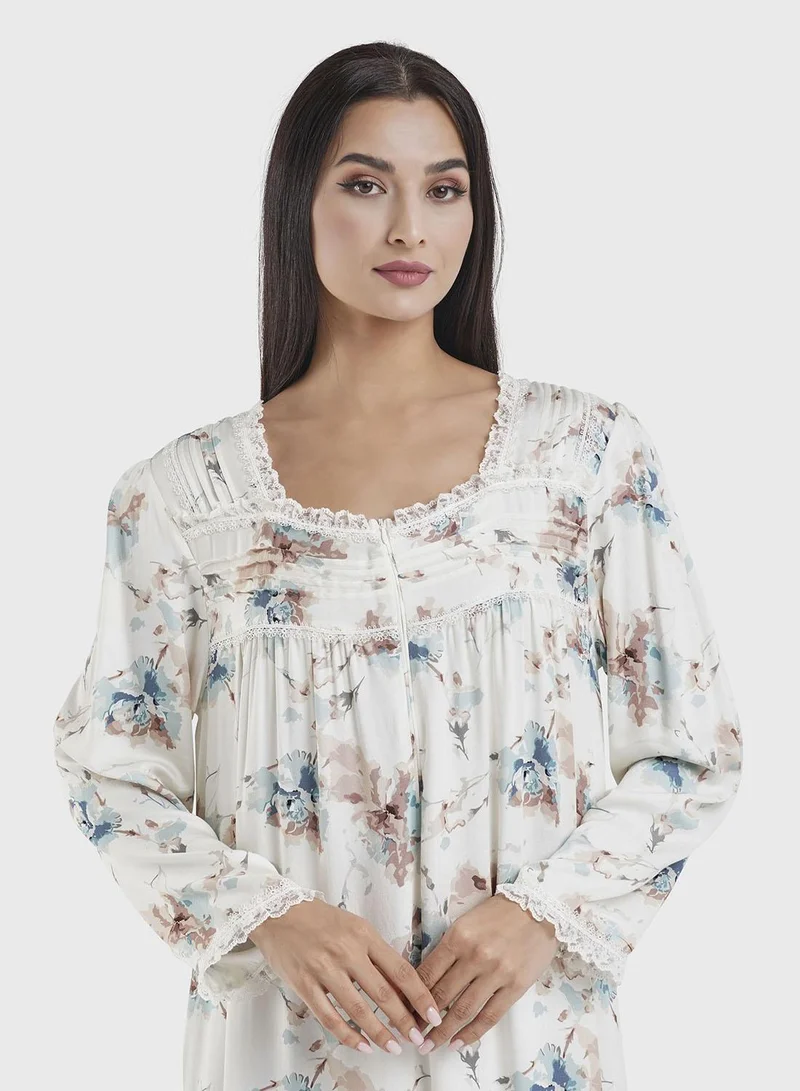 كشخة Off White Viscose Floral Printed Nightwear Dress (CNH446)