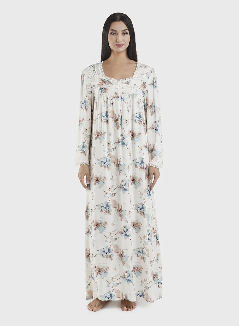 كشخة Off White Viscose Floral Printed Nightwear Dress (CNH446)