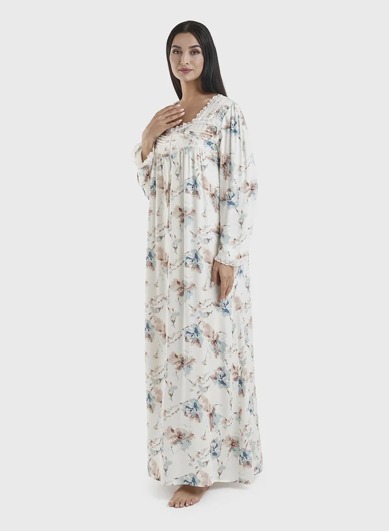 Kashkha  Off White Viscose Floral Printed Nightwear Dress (CNH446) for Women | Best Price UAE