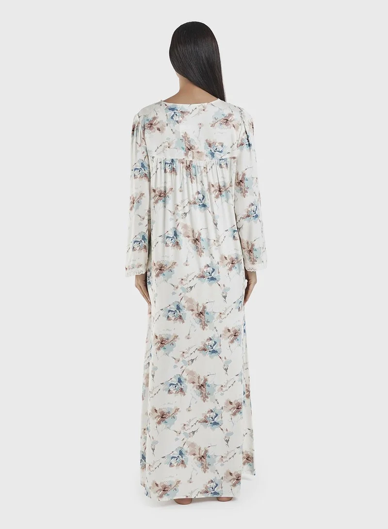 Kashkha  Off White Viscose Floral Printed Nightwear Dress (CNH446) for Women | Best Price UAE