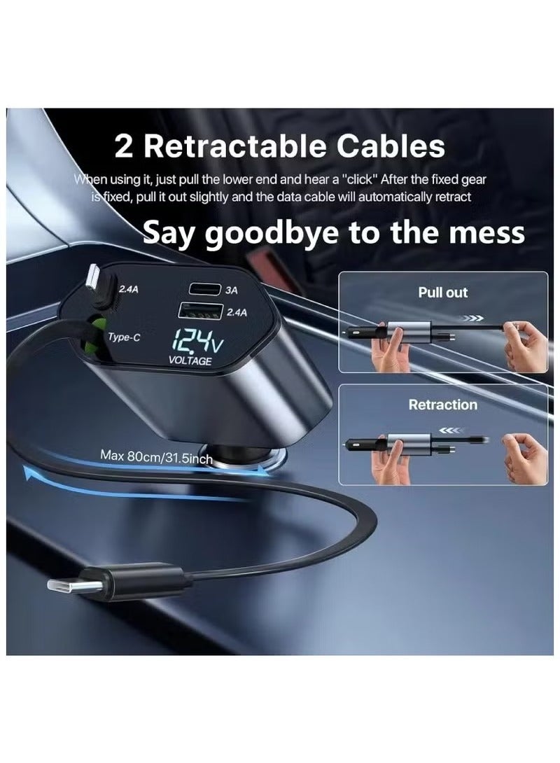 MIGOFAST Car Charger 66W Retractable 4 in 1 Fast Car Phone Charger with Retractable Cables  USB Compatible with iPhone 15 14 13 12 11 Galaxy 1 Lightning 1 Type C - Image 3
