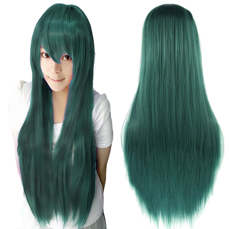 IMISSU 80cm Long Straight Natural Hair Cosplay Wigs with Bangs Colorful Halloween Costume Party Wig for Women Dark Green - Image 2