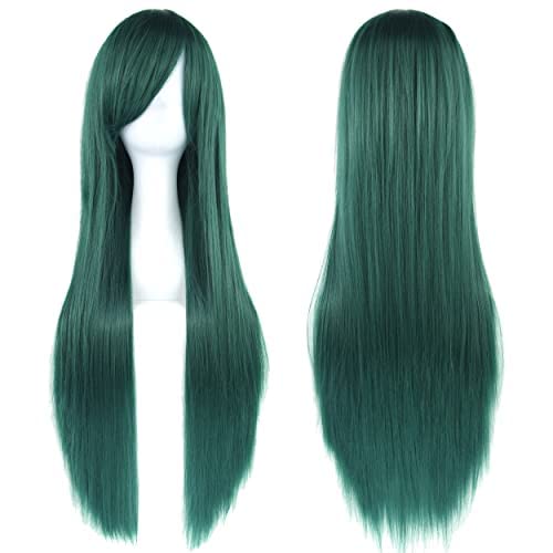 IMISSU 80cm Long Straight Natural Hair Cosplay Wigs with Bangs Colorful Halloween Costume Party Wig for Women Dark Green - Image 3