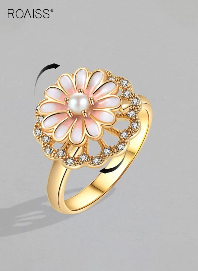 رويس خاتم نسائي لطيف، خاتم ديزي وردي دوار للنساء، خاتم مفتوح قابل للتعديل بجاذبية راقية، خاتم مزين باللؤلؤ بجاذبية متعددة الاستخدامات، مطلي بالذهب - Image 1