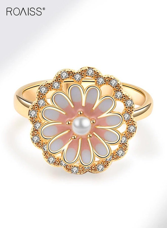 رويس خاتم نسائي لطيف، خاتم ديزي وردي دوار للنساء، خاتم مفتوح قابل للتعديل بجاذبية راقية، خاتم مزين باللؤلؤ بجاذبية متعددة الاستخدامات، مطلي بالذهب - Image 3