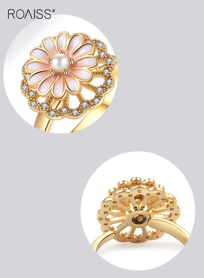 رويس خاتم نسائي لطيف، خاتم ديزي وردي دوار للنساء، خاتم مفتوح قابل للتعديل بجاذبية راقية، خاتم مزين باللؤلؤ بجاذبية متعددة الاستخدامات، مطلي بالذهب - Image 5