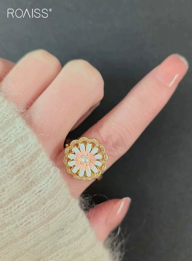 رويس خاتم نسائي لطيف، خاتم ديزي وردي دوار للنساء، خاتم مفتوح قابل للتعديل بجاذبية راقية، خاتم مزين باللؤلؤ بجاذبية متعددة الاستخدامات، مطلي بالذهب - Image 2