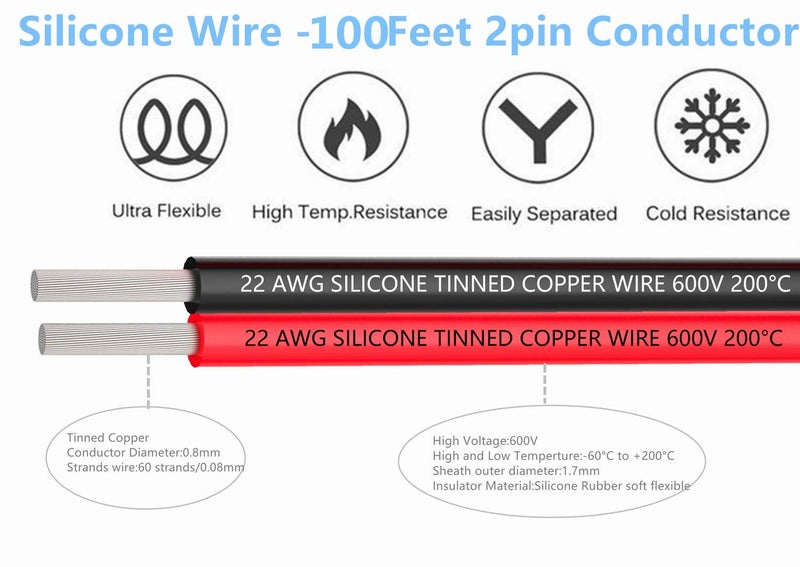 Tuofeng 22 Gauge Wire 2 Conductor Parallel Wires 100 ft Silicone Insulated Electrical Wires - 22 awg Wire Flexible Silicone Wires of Stranded Tinned Copper Wires, Solder Through Quickly - Image 2