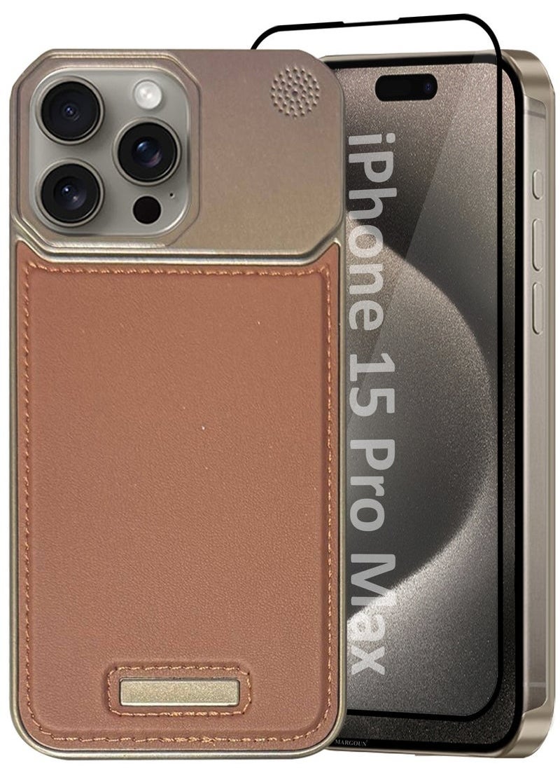 CATANES iPhone 15 Pro Max 2 Pack Case Leather Metal Design, Slim Lightweight Minimalist Cover,1 Case 1 Screen Protector 