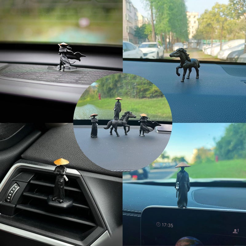 Spiaty PVC Japanese Samurai Figurine Set with Black Horse Decorative Home, Office and Car Dashboard Ornaments, Set of 4 - Image 2
