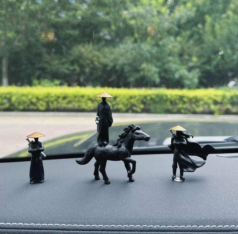 Spiaty PVC Japanese Samurai Figurine Set with Black Horse Decorative Home, Office and Car Dashboard Ornaments, Set of 4 - Image 1