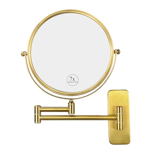 Nicesail Brass Make up Mirror Wall Mounted,1X and 7X Double-Sided Magnifying Mirror Brass Vanity Mirror for Bathroom Wall Extendable Swivel, Antique Brass Finish (8 Inch, 7X) - Image 1