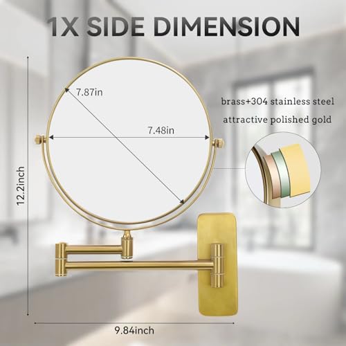 Nicesail Brass Make up Mirror Wall Mounted,1X and 7X Double-Sided Magnifying Mirror Brass Vanity Mirror for Bathroom Wall Extendable Swivel, Antique Brass Finish (8 Inch, 7X) - Image 4