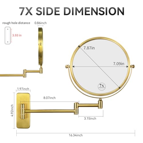 Nicesail Brass Make up Mirror Wall Mounted,1X and 7X Double-Sided Magnifying Mirror Brass Vanity Mirror for Bathroom Wall Extendable Swivel, Antique Brass Finish (8 Inch, 7X) - Image 3