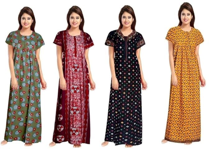 Vlazom Women's Cotton Nightgown – Pack of 4 Printed Maxi Nighties | Ankle Length Night Dress | Free Size Sleepwear (Option-24, Free Size) - Image 1
