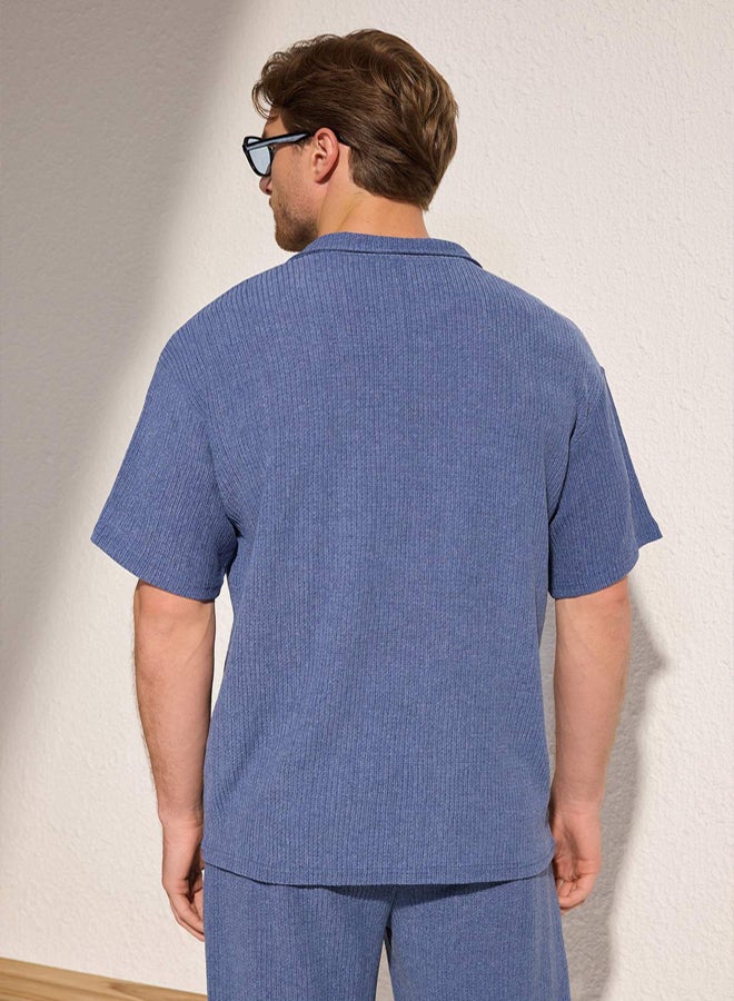 trendyol Indigo Oversize/Wide Cut Textured Knitted Polo Neck T-shirt - Image 4