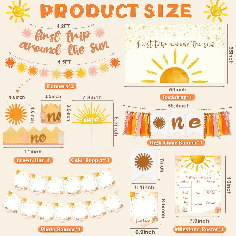BORAMDO First Trip Around The Sun Birthday Decorations for Girl Boho Sun 1st Birthday Supplies with Backdrop Balloons Garland Monthly Photo Banner for Sun Theme Party - Image 3
