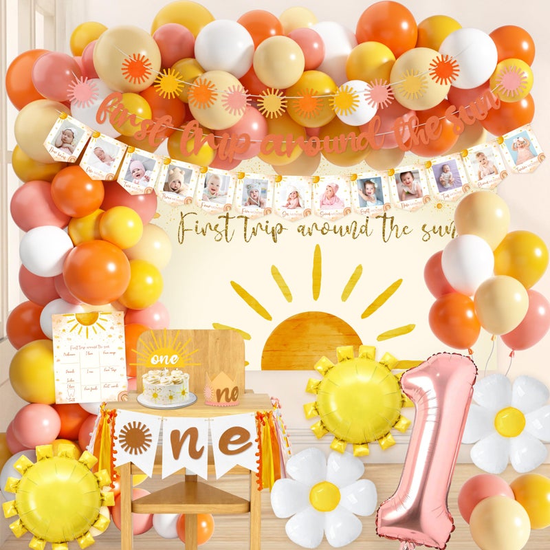 BORAMDO First Trip Around The Sun Birthday Decorations for Girl Boho Sun 1st Birthday Supplies with Backdrop Balloons Garland Monthly Photo Banner for Sun Theme Party - Image 2
