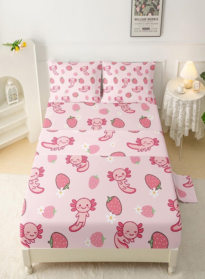 QOOMO Pink Axolotl Microfiber Flat Fitted Sheets Set for Children Kawaii Strawberry Kids Sheet Set Cute Sea Creature Super Soft Kids Bedding Set Twin Size 1 Fitted Sheet, 1 Flat Sheet, 2 Pillow Cases - Image 2
