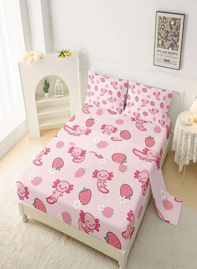 QOOMO Pink Axolotl Microfiber Flat Fitted Sheets Set for Children Kawaii Strawberry Kids Sheet Set Cute Sea Creature Super Soft Kids Bedding Set Twin Size 1 Fitted Sheet, 1 Flat Sheet, 2 Pillow Cases - Image 3