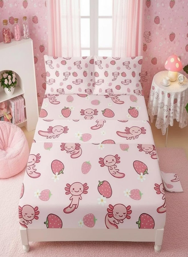QOOMO Pink Axolotl Microfiber Flat Fitted Sheets Set for Children Kawaii Strawberry Kids Sheet Set Cute Sea Creature Super Soft Kids Bedding Set Twin Size 1 Fitted Sheet, 1 Flat Sheet, 2 Pillow Cases - Image 1