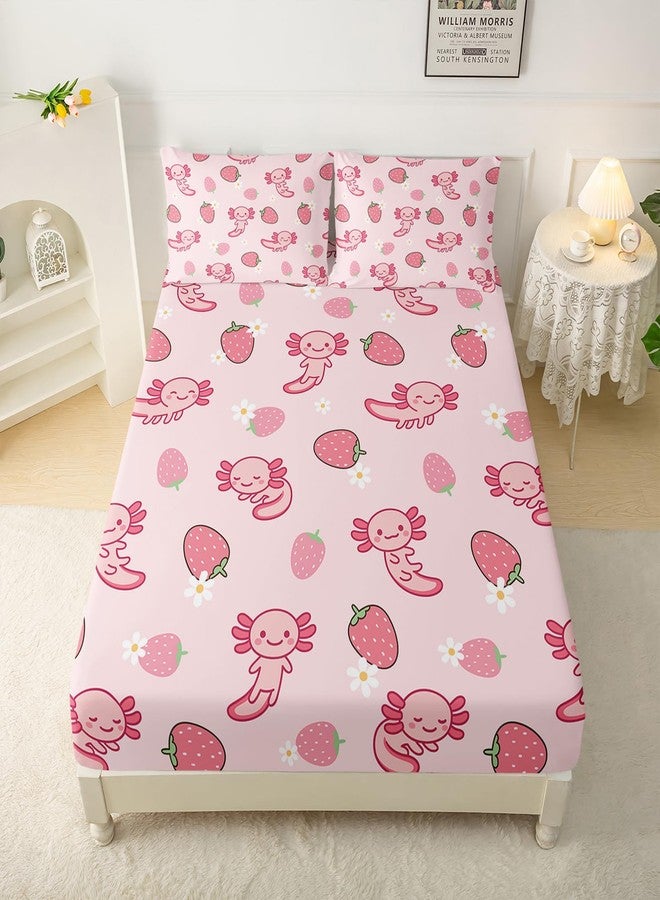 QOOMO Pink Axolotl Microfiber Flat Fitted Sheets Set for Children Kawaii Strawberry Kids Sheet Set Cute Sea Creature Super Soft Kids Bedding Set Twin Size 1 Fitted Sheet, 1 Flat Sheet, 2 Pillow Cases - Image 4