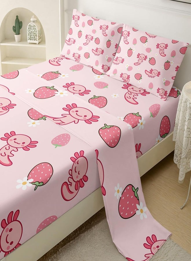 QOOMO Pink Axolotl Microfiber Flat Fitted Sheets Set for Children Kawaii Strawberry Kids Sheet Set Cute Sea Creature Super Soft Kids Bedding Set Twin Size 1 Fitted Sheet, 1 Flat Sheet, 2 Pillow Cases - Image 5