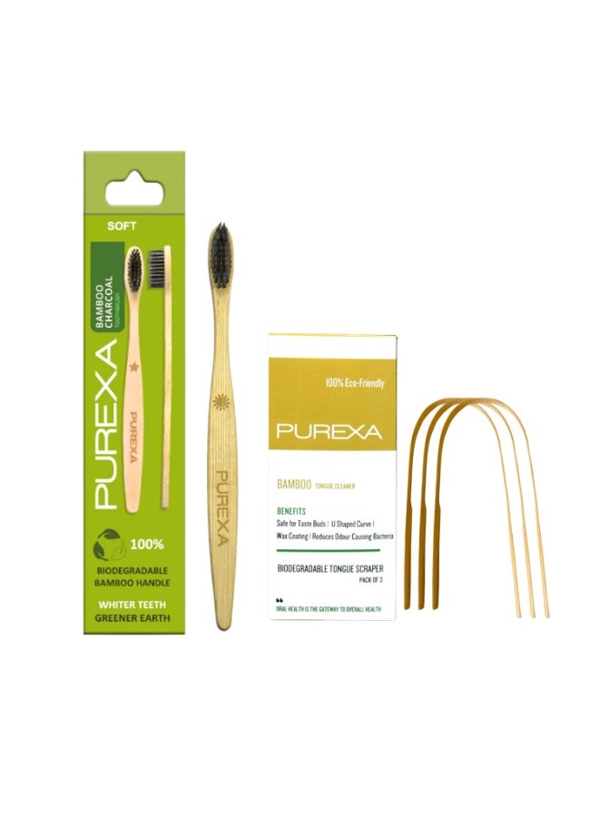PUREXA Eco-Friendly Oral Care Combo | 1 Bamboo Toothbrush with Activated Charcoal Bristles with 3 Bamboo Tongue Cleaners | Biodegradable Sustainable Oral Hygiene Set - Image 1