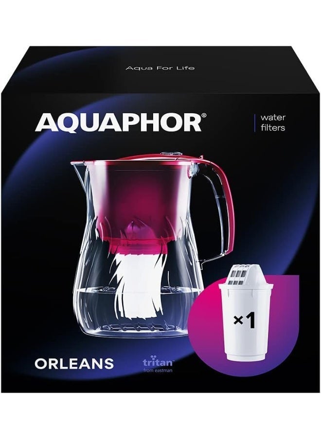 Aquaphor إبريق فلتر مياه أورليانز A5 Mg، سعة 4.2 لتر، مقاوم للصدمات ويبدو كزجاج، يقلل من الكلور والرصاص والصدأ، تصميم مدمج يناسب الثلاجة، خالي من BPA، إبريق تنقية مياه للاستخدام اليومي مع خرطوشة A5 Mg (كرز) - Image 1