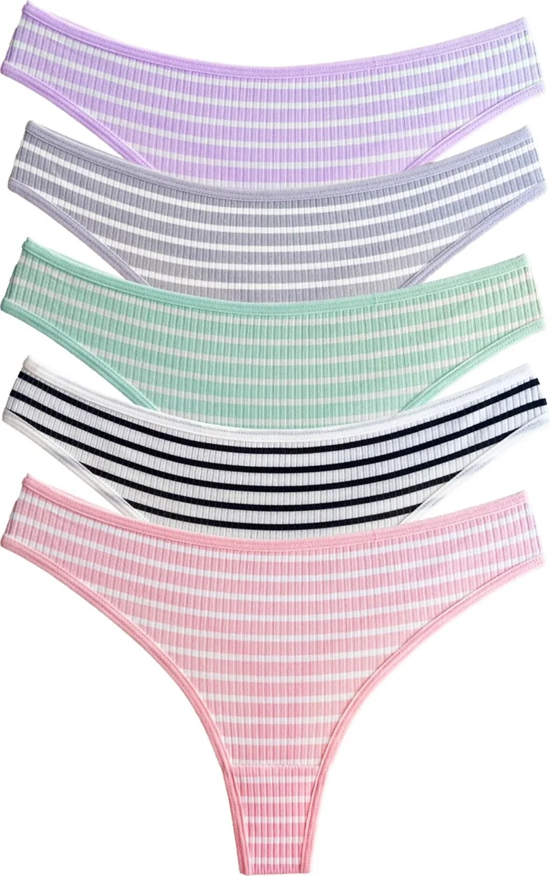 COTTONHILL Cotton Striped Patterned Camisole Women's Thong Panties 5-Pack
