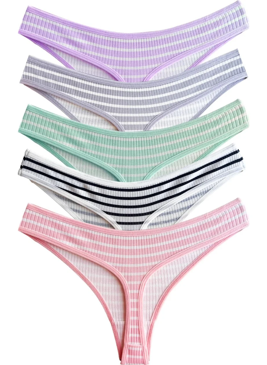 COTTONHILL Cotton Striped Patterned Camisole Women's Thong Panties 5-Pack