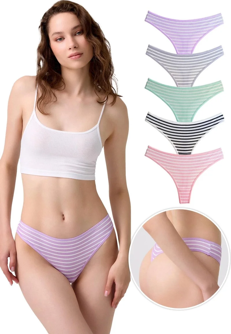 COTTONHILL Cotton Striped Patterned Camisole Women's Thong Panties 5-Pack