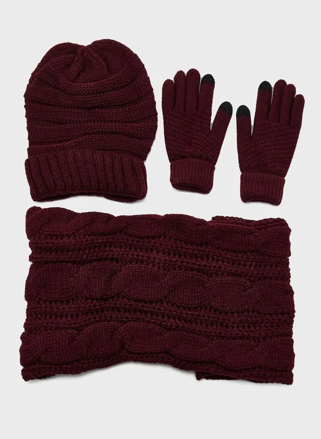 Robert Wood 3 Pack Knitted Winter Beanie , Scarf & Gloves Set