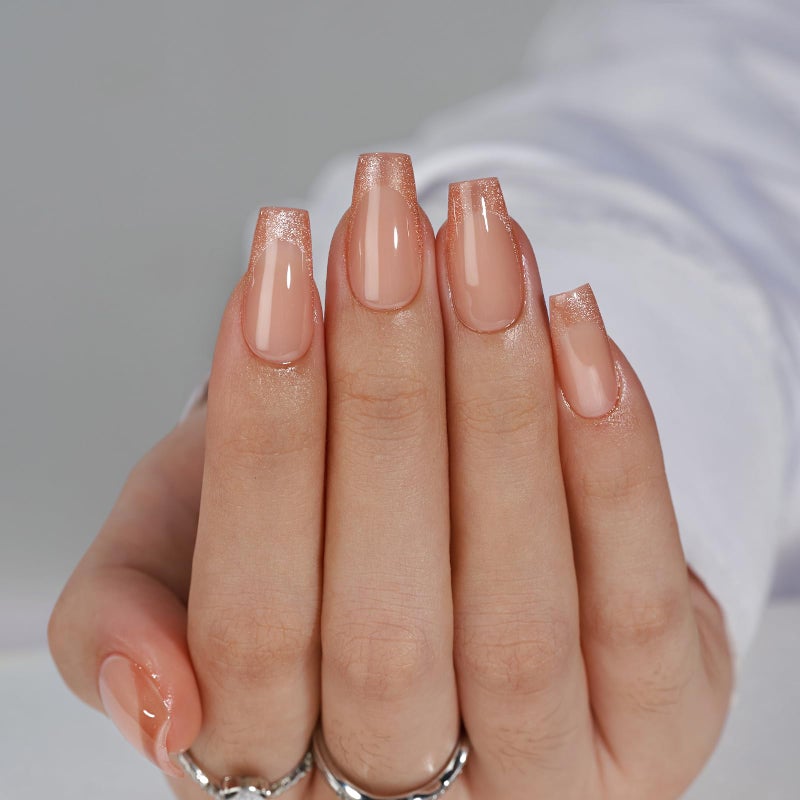 BTArtbox Press on Nails Coffin - Gold Rose French Tips Press On Nails Short for Women, Cat Eye Nail Tips, Glitter Fake Nails with Glue, Glue On Nails in 16 Sizes - 32 Nail Kit, Gold Dust - Image 2
