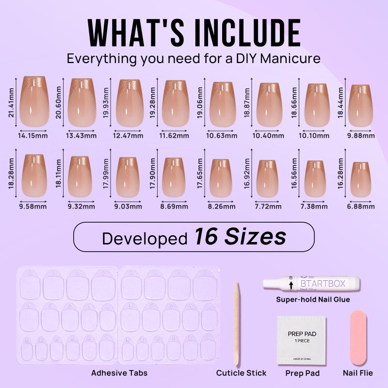BTArtbox Press on Nails Coffin - Gold Rose French Tips Press On Nails Short for Women, Cat Eye Nail Tips, Glitter Fake Nails with Glue, Glue On Nails in 16 Sizes - 32 Nail Kit, Gold Dust - Image 4