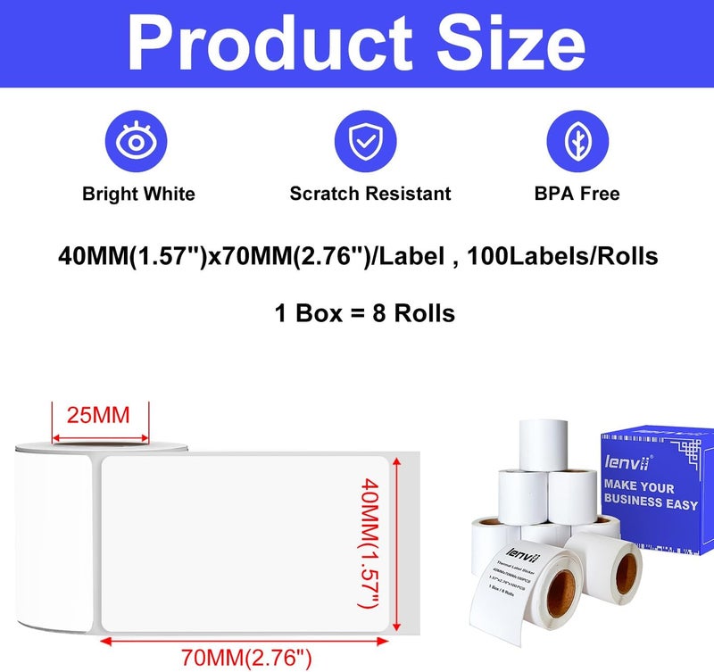 LENVII 40x70mm (1.57"x2.76") Thermal Labels 800 Sheets - 8 Rolls × 100 Labels, 3-Proof (Water/Oil/Scratch) Multi-Use Adhesive Stickers for Address/Barcode/FNSKU Tags -Home/Office/Product/Gift Labeling - Image 2