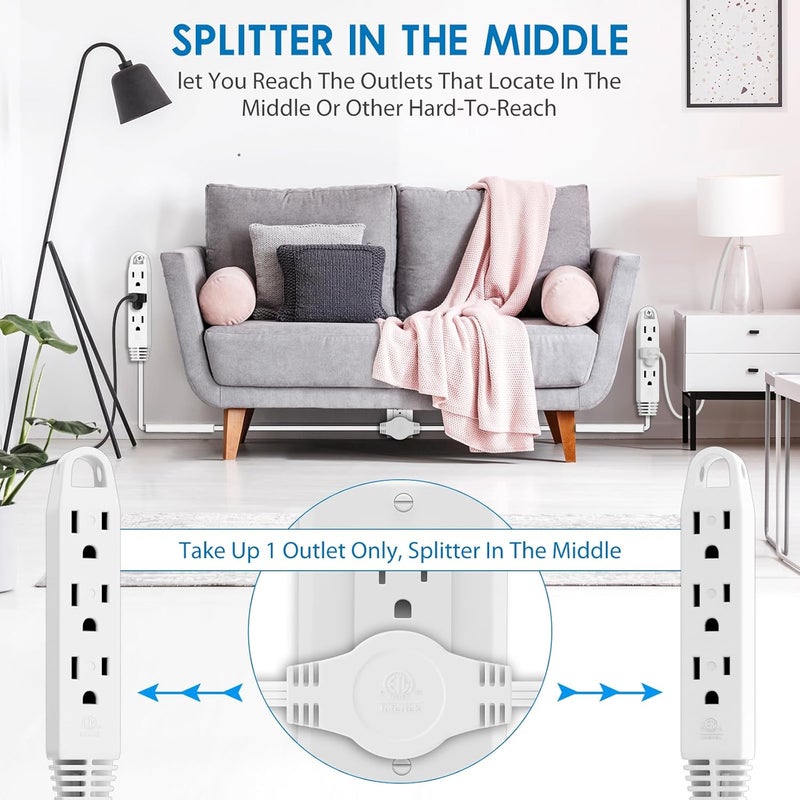 كابل تمديد كهربائي Kasonic ثلاثي الأطراف بطول 12 قدمًا، يحتوي على 6 أقدام على كل جانب، مقبس من نوع Flat Head، 6 منافذ كهربائية، مفصل لتقسيم الكابل للاستخدام الداخلي، معتمد وفقًا لمعايير ETL، لون أبيض. - Image 2