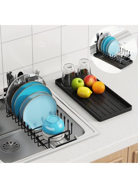 Sink Dish Drying Rack - Expandable Small Dish Rack Over Sink with Silicone Drying Tray, in Sink Dish Drainer for Kitchen Counter with Cutlery Holder, Drying Rack Fit for 35.5-48CM Kitchen Sink