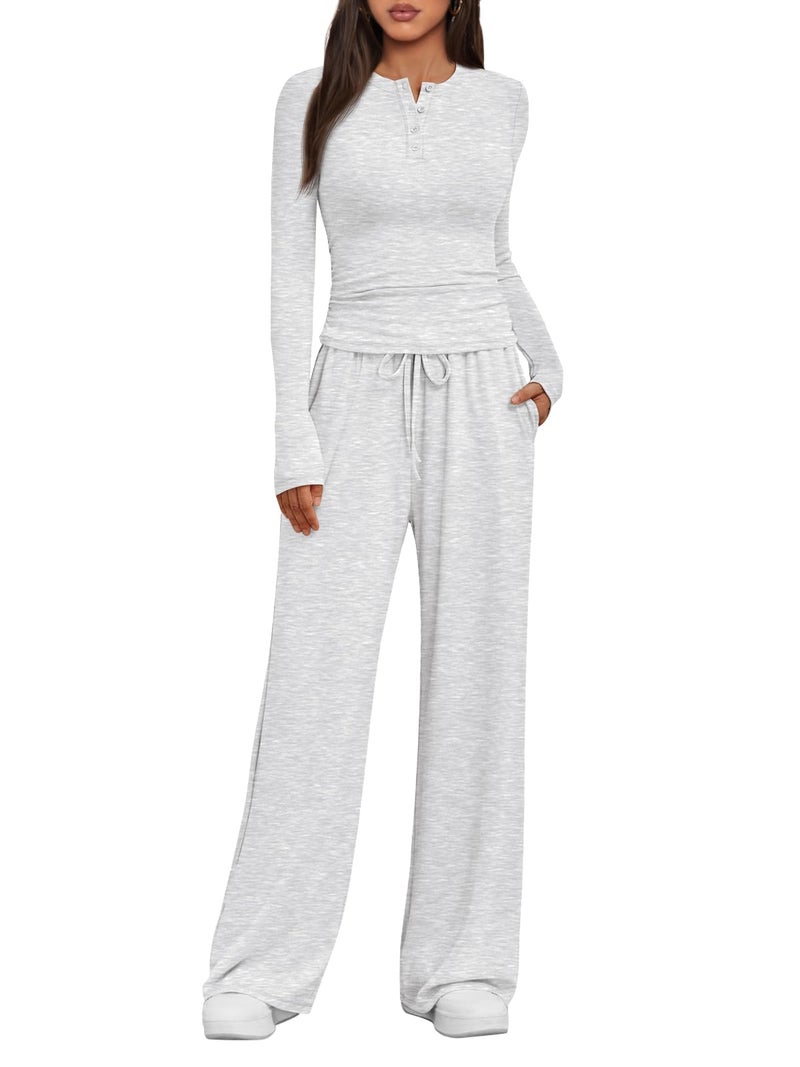 Trendy Queen Women's 2 Piece Matching Lounge Sets Fall Fashion Two Pieces Sweat Outfits Long Sleeve Wide Leg Pants Tracksuits V Neck Shirts 2026 Airport Travel Clothes Loungewear Clothing LGrey XL - Image 1