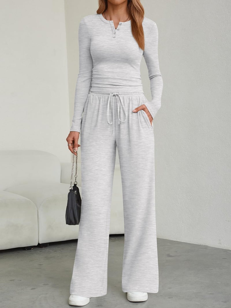 Trendy Queen Women's 2 Piece Matching Lounge Sets Fall Fashion Two Pieces Sweat Outfits Long Sleeve Wide Leg Pants Tracksuits V Neck Shirts 2026 Airport Travel Clothes Loungewear Clothing LGrey XL - Image 4