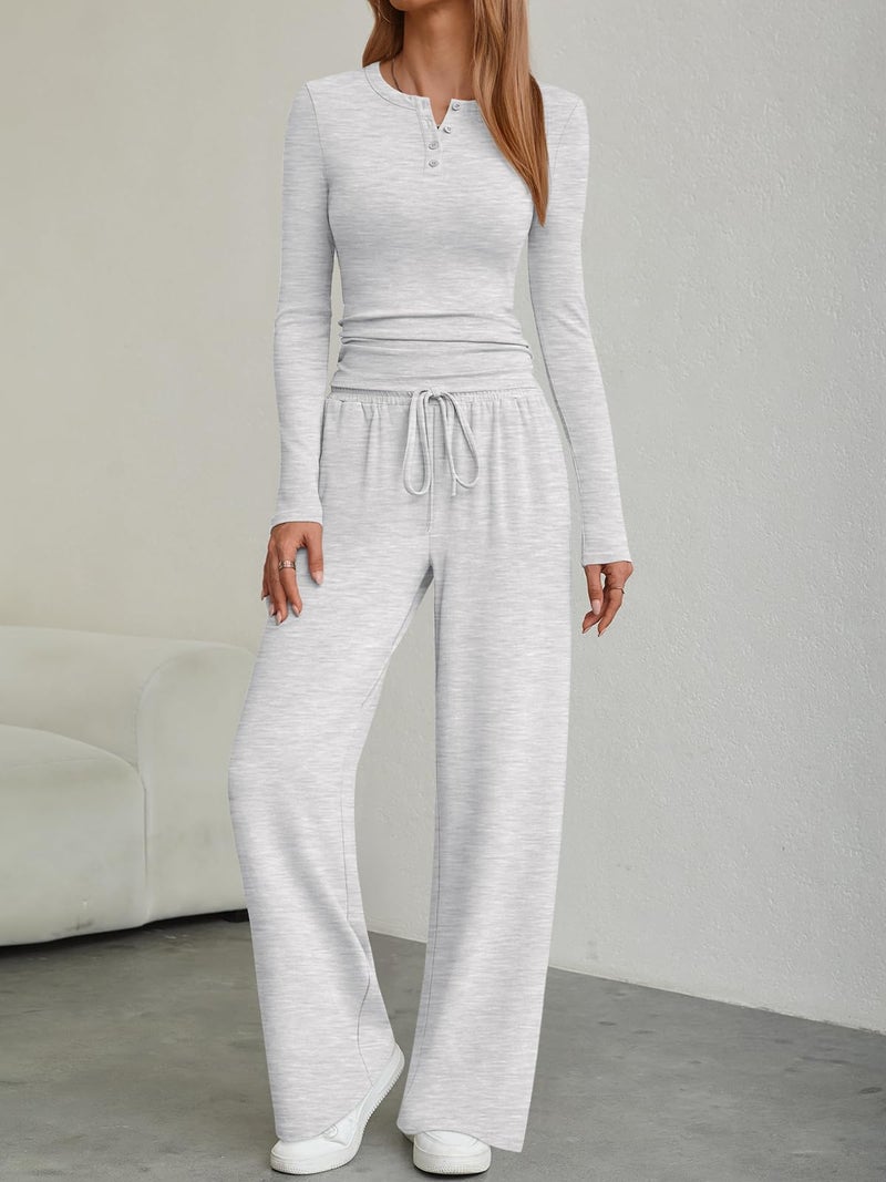 Trendy Queen Women's 2 Piece Matching Lounge Sets Fall Fashion Two Pieces Sweat Outfits Long Sleeve Wide Leg Pants Tracksuits V Neck Shirts 2026 Airport Travel Clothes Loungewear Clothing LGrey XL - Image 2