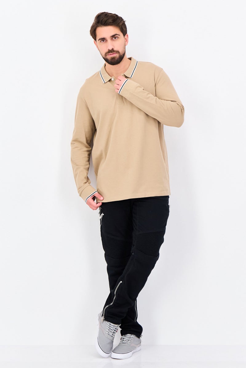 Celio Men Regular Fit Solid Long Sleeves Polo Shirt, Beige - Image 3
