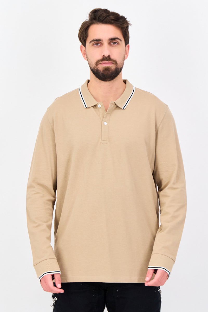Celio Men Regular Fit Solid Long Sleeves Polo Shirt, Beige - Image 1