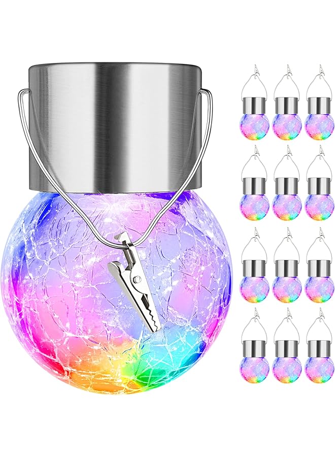 erorex 12 Pack Hanging Solar Lights Decorative Cracked Glass Ball Light Multicolor Solar Powered Waterproof Globe Lighting For Garden Tree - Image 1