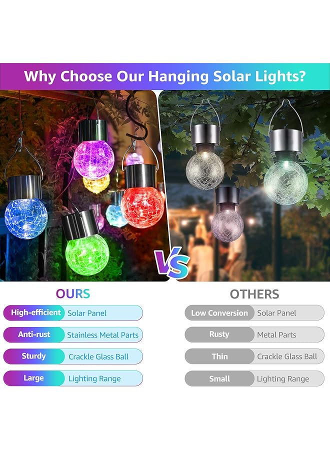 erorex 12 Pack Hanging Solar Lights Decorative Cracked Glass Ball Light Multicolor Solar Powered Waterproof Globe Lighting For Garden Tree - Image 4
