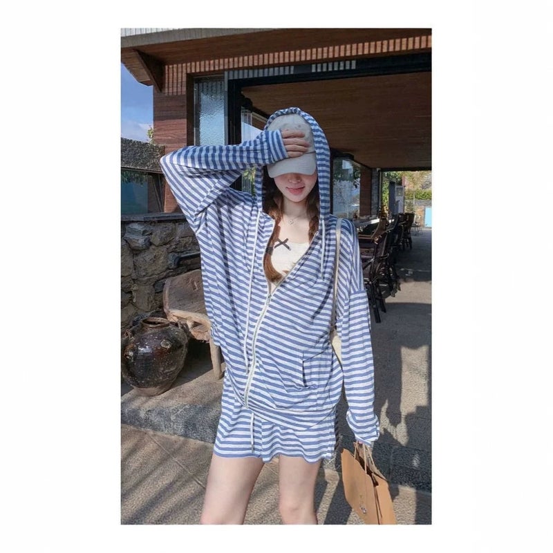 Women's Stripe Long Sleeve Shirt and Shorts Tracksuit Set - Image 2