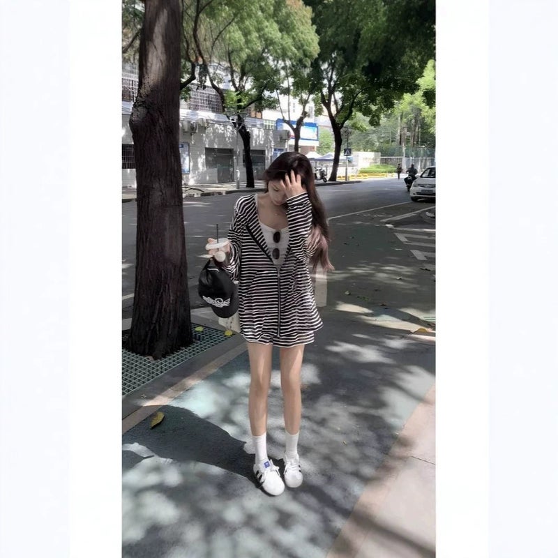 Women's Stripe Long Sleeve Shirt and Shorts Tracksuit Set - Image 5