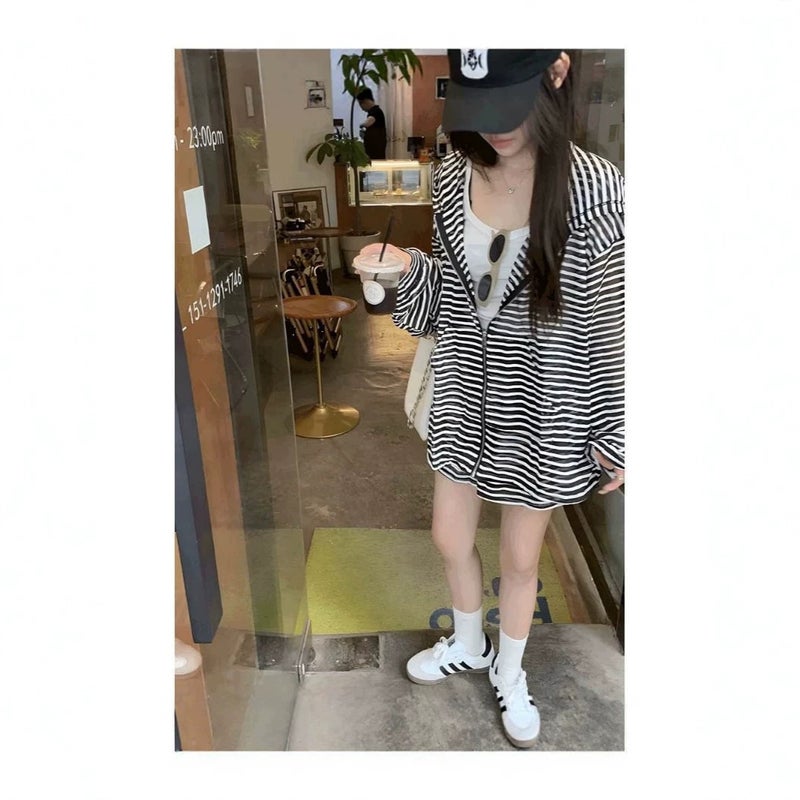 Women's Stripe Long Sleeve Shirt and Shorts Tracksuit Set - Image 4