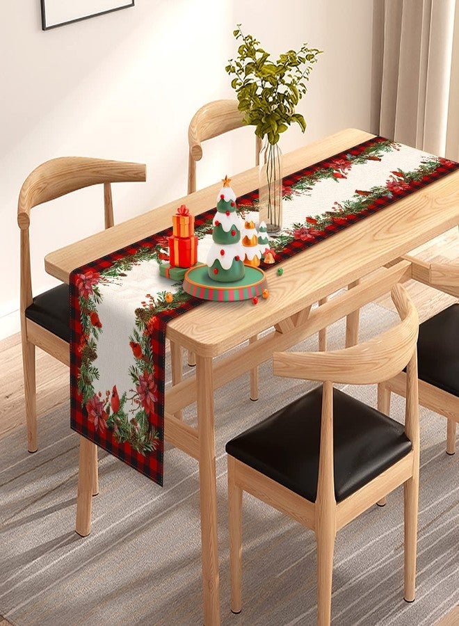 Pudodo Christmas Cardinal Table Runner Buffalo Plaid Check Poinsettia Holly Xmas Winter Holiday Kitchen Dining Home Decorations (13" x 72") - Image 2